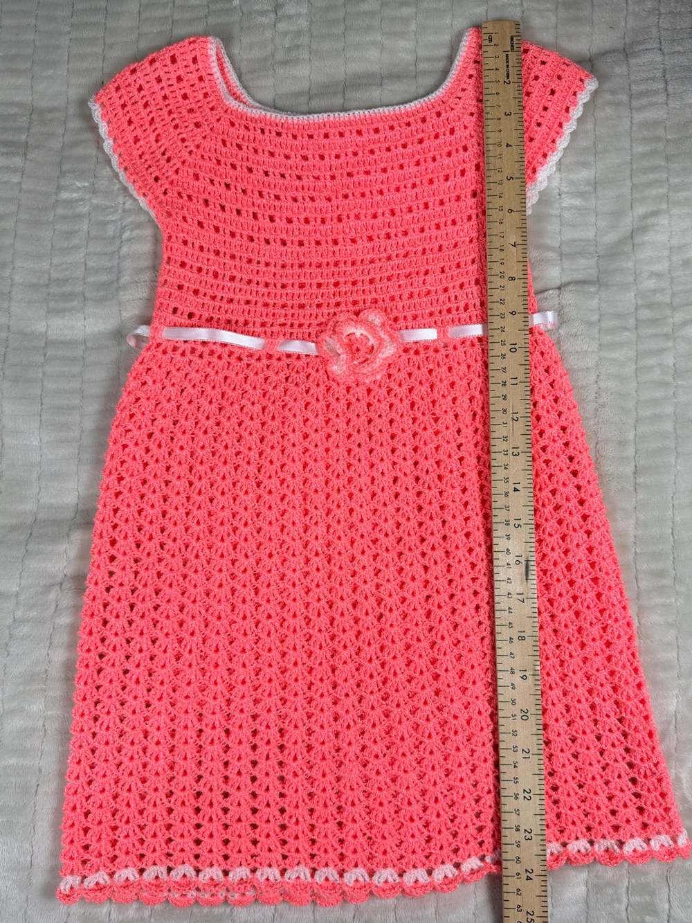 Handmade Crochet Girls Dress Pink Coral Cottagecore Heirloom Flower Ribbon - Picture 11 of 12
